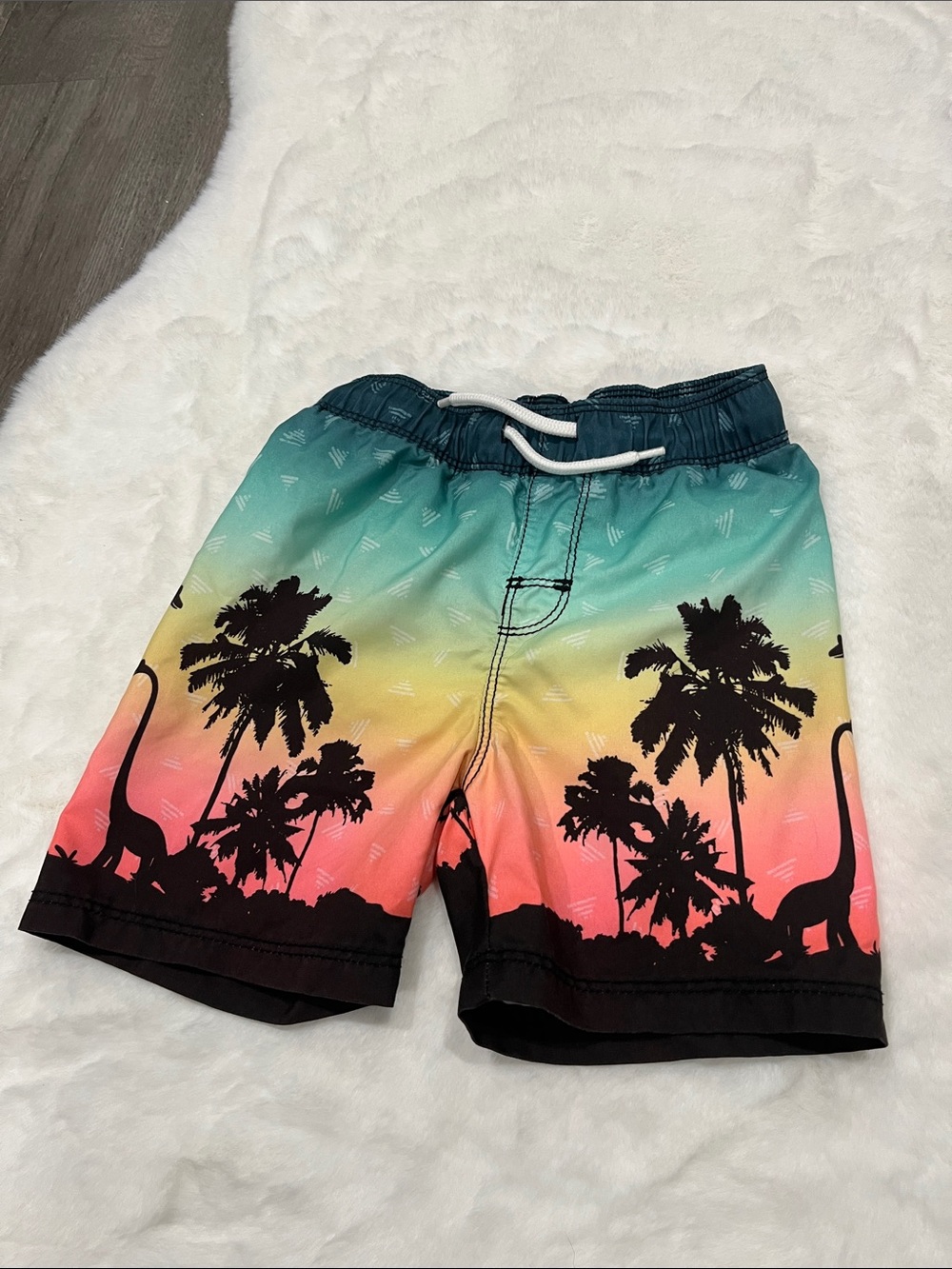 Old Navy Boys Gradient Palm Tree Swim Trunks - Teal, Yellow, Coral & Black